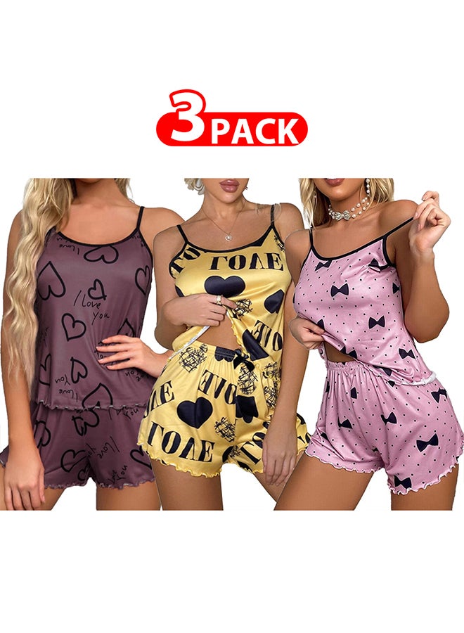 MARGOUN 3 Pack Women's XL Size 2 Pieces Heart Graphic Print Satin Lounge Set Sleeveless Binding Trim Cami Top and Shorts Pajama Set /XL Bust:98cm Waist:80cm Pants Length:34cm
