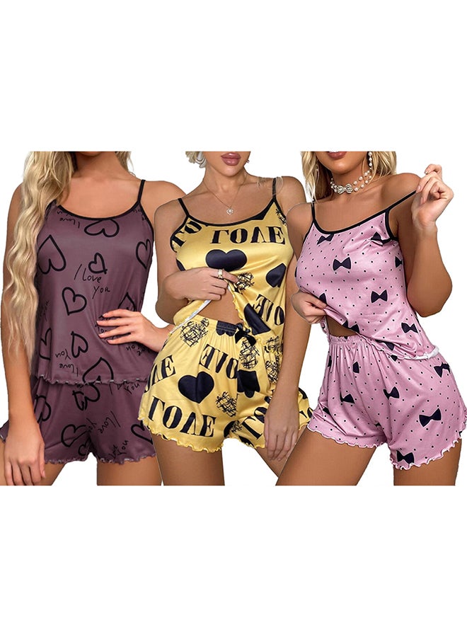 MARGOUN 3 Pack Women's XL Size 2 Pieces Heart Graphic Print Satin Lounge Set Sleeveless Binding Trim Cami Top and Shorts Pajama Set /XL Bust:98cm Waist:80cm Pants Length:34cm - Image 3