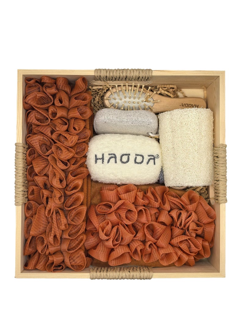 هودا مجموعة هدايا استحمام من ٦ قطع · صندوق هدايا خشبي قابل لإعادة الاستخدام | تحتوي على فرشة للظهر وقفاز تقشير وحجر خفاف ومشط ولوفة طبيعية وإسفنجة رغوية | مثالية للهدايا في الأعياد (عيد الفطر/رمضان) | صندوق حمام خشبي، مجموعة تنظيف الظهر، مجموعة استحمام بلوفة طبيعية، أفكار هدايا لعيد الفطر المبارك - Image 1