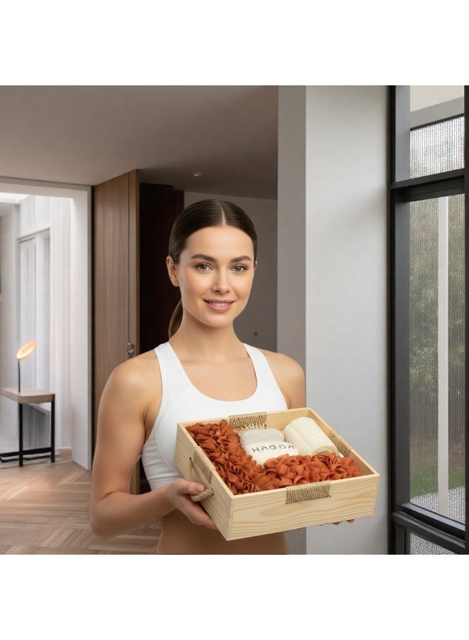 هودا مجموعة هدايا استحمام من ٦ قطع · صندوق هدايا خشبي قابل لإعادة الاستخدام | تحتوي على فرشة للظهر وقفاز تقشير وحجر خفاف ومشط ولوفة طبيعية وإسفنجة رغوية | مثالية للهدايا في الأعياد (عيد الفطر/رمضان) | صندوق حمام خشبي، مجموعة تنظيف الظهر، مجموعة استحمام بلوفة طبيعية، أفكار هدايا لعيد الفطر المبارك - Image 4