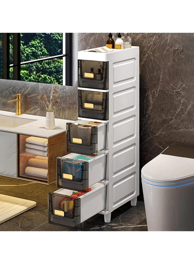 رات سو صناديق تخزين بلاستيكية خزانة تخزين ضيقة 5 -طبقة خزانات تخزين رأسية مع الأدراج تصميم مقصورة ضيقة ضد الماء منظم متعدد الوظائف لغرفة النوم حمام المطبخ -رمادي شفاف - Image 1