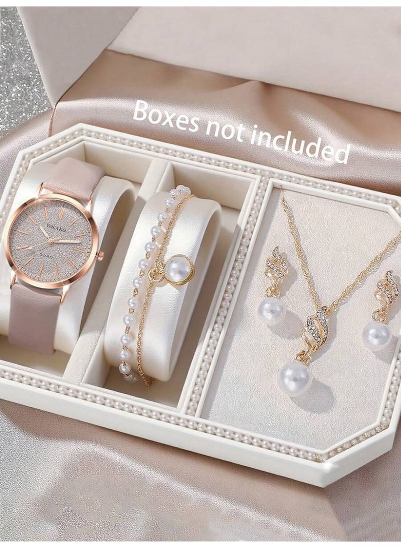 يولاكو مجموعة إكسسوارات نسائية 5 قطع ساعة يد أنيقة مع طقم مجوهرات مزين باللؤلؤ بتصميم فاخر - Image 1