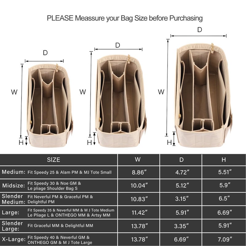 ZTUJO Purse Organizer Insert, Felt Purse Organizer with Zipper and Sewn Bottom Insert, Fit Speedy Neverfull Graceful,6 Sizes (Large, Skin color) - Image 3