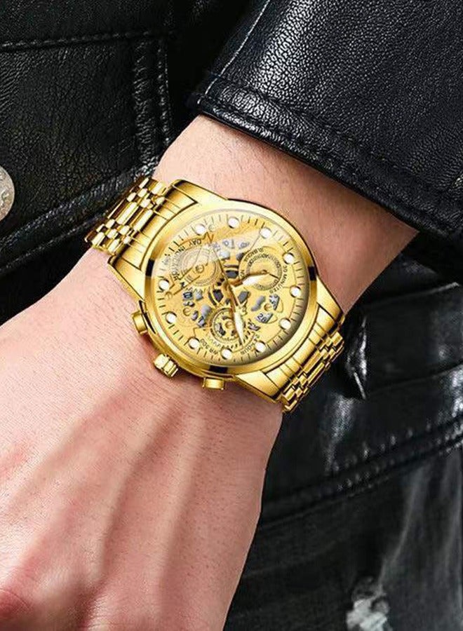 ساعة ذكية رجالي كلاسيكية بحركة كوارتز مضيئة بإبر ومقاومة للماء – اللون ذهبي، مقاومة للماء حتى 30 مترًا، سوار من الفولاذ المقاوم للصدأ، الاختيار الأمثل للرجال الناجحين. - Image 2