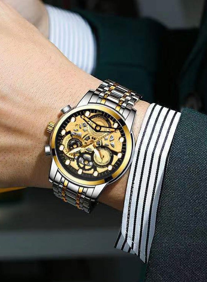 ساعة ذكية رجالي كلاسيكية بحركة كوارتز مضيئة بإبر ومقاومة للماء – اللون ذهبي، مقاومة للماء حتى 30 مترًا، سوار من الفولاذ المقاوم للصدأ، الاختيار الأمثل للرجال الناجحين. - Image 4