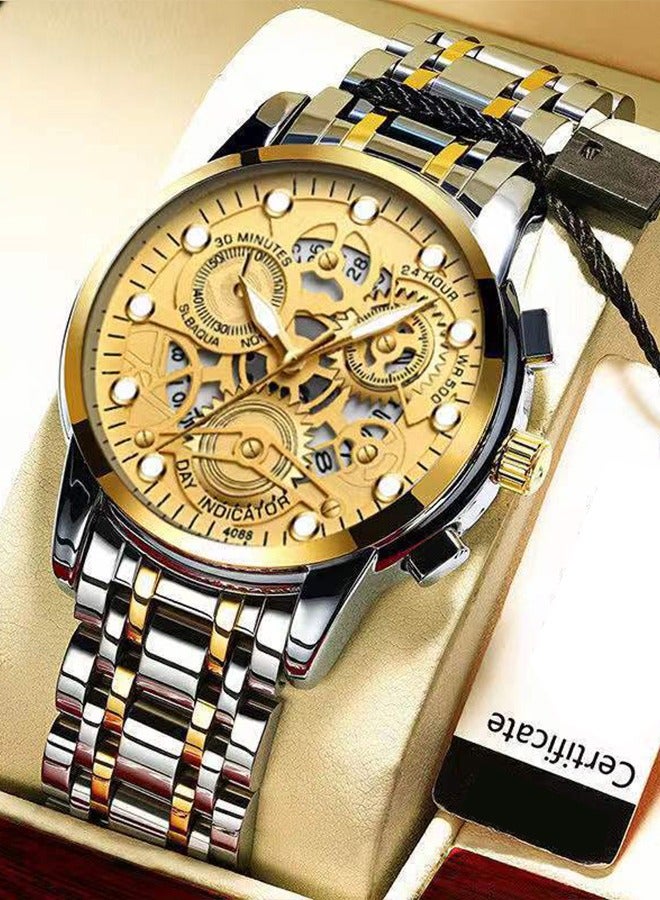 ساعة ذكية رجالي كلاسيكية بحركة كوارتز مضيئة بإبر ومقاومة للماء – اللون ذهبي، مقاومة للماء حتى 30 مترًا، سوار من الفولاذ المقاوم للصدأ، الاختيار الأمثل للرجال الناجحين. - Image 3