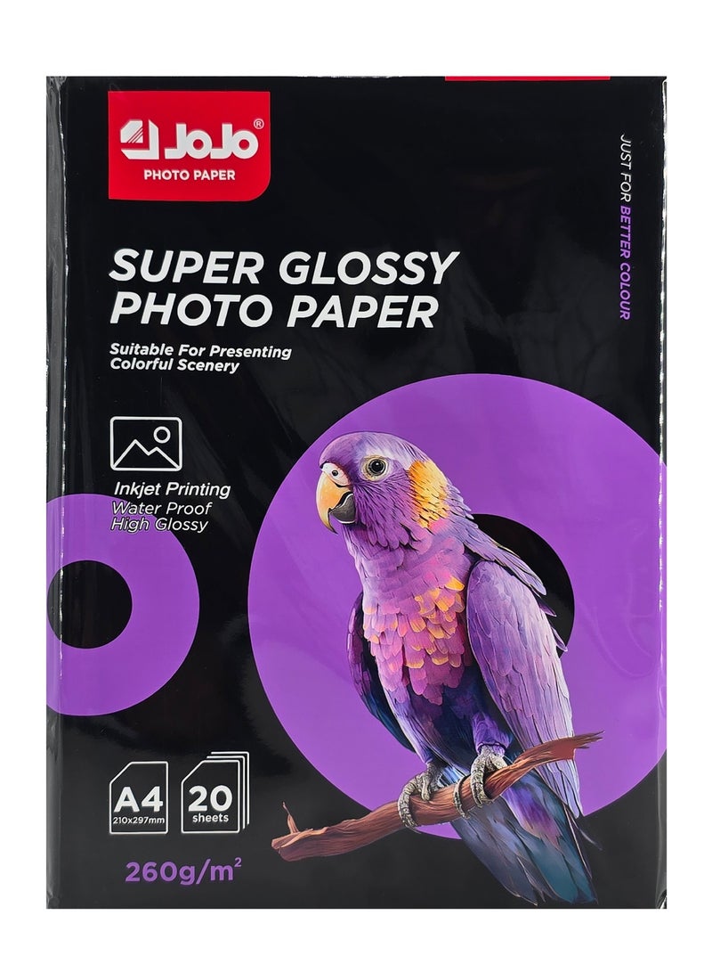 JOJO Super Glossy Water Proof Photo Paper, Suitable for Presenting Colorful Scenery, A4 Size with 20 Sheets, 260g/m² - Image 1
