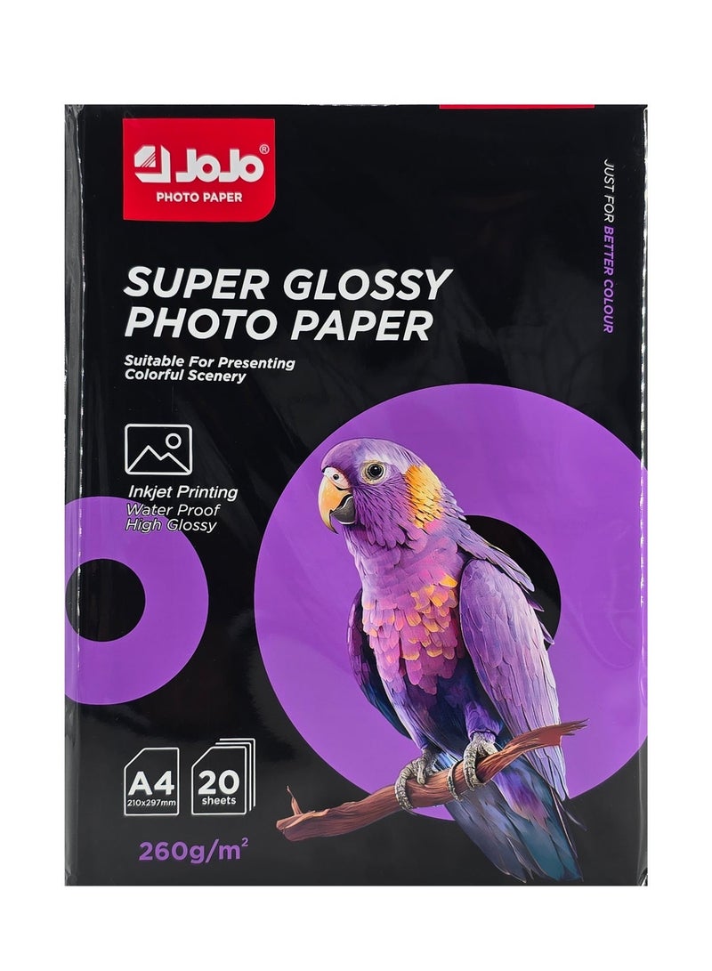 جوجو ورق صور فائق اللمعان A4، وزن 260 جم، للطباعة بالحبر، تشطيب لامع عالي، 20 ورقة - Image 1