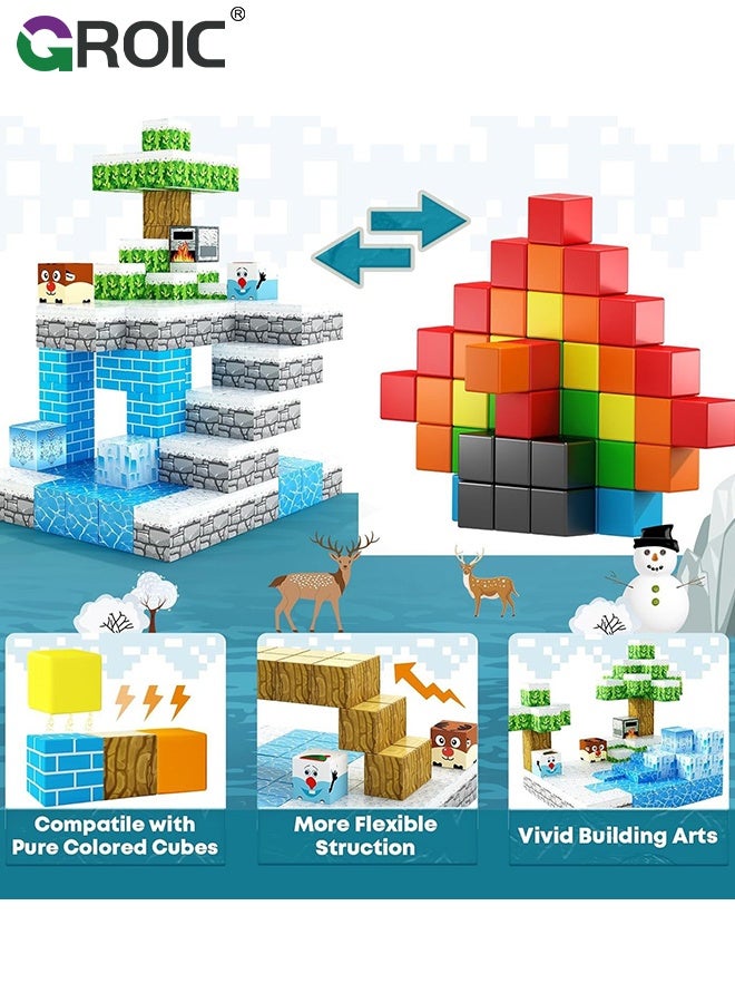 GROIC 144 Pcs Magnetic Building Blocks, Magnetic Blocks Build Ice Castle, Kids Magnetic Cubes Tiles Montessori Sensory Travel Magnet Toys Games STEM Sensory Toys Birthday Party Toddler Gifts - Image 5