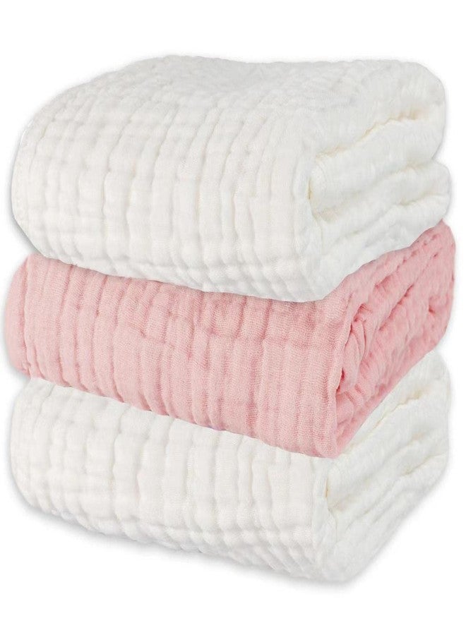 Asung Baby Towels Muslin Bath Towel 3Pack Infant Towels for Newborn Boy Girl 6 Layers Ultra Soft Cotton Toddler Towel for Baby's Delicate Skin 40x 40 Inch (White & Pink) - Image 1