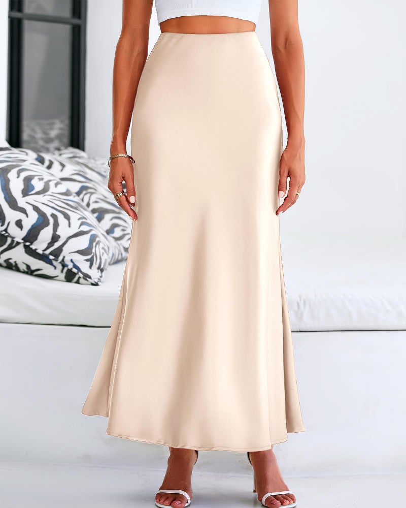 BTFBM Women's Summer Fall Skirt 2024 Silk Elegant High Waist Cocktail Party Wedding Mermaid Satin Maxi Skirts(Solid Beige, Medium) - Image 2