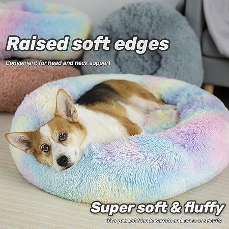 ZEXSAZONE Round Donut Pet Bed for Cats and Puppies Dogs Mat, Cozy and Plush, Raised Bedside Support, Both Sides Use Like 2 in One, Washable, Sizes for Small, Medium, and Large Pets. (Rainbow, Medium) - Image 3
