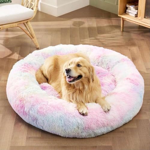 ZEXSAZONE Round Donut Pet Bed for Cats and Puppies Dogs Mat, Cozy and Plush, Raised Bedside Support, Both Sides Use Like 2 in One, Washable, Sizes for Small, Medium, and Large Pets. (Rainbow, Medium) - Image 1