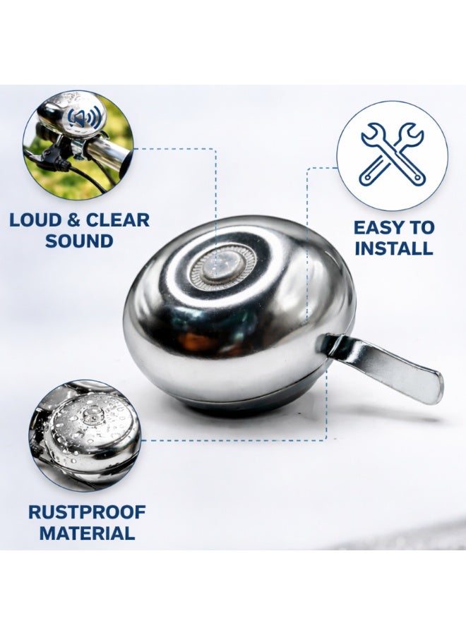 Fukukawa Bicycle Bell Loud Clear Ring – Steel Cycle Bell with Easy Install Clamp, Rust Resistant Handlebar Bell for MTB Road & Kids Bike – Silver - Image 4