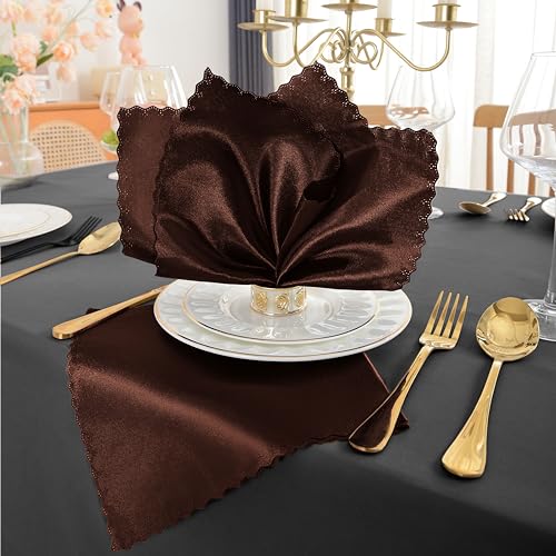 RUDONG M 72 Pack Chocolate Brown Satin Napkin, 17 x 17 Inch Square Cloth Napkins, Soft Fabric Napkin with Scalloped Edges, Reusable Washable Dinner Table Napkins for Wedding, Banquet, Party - Image 3