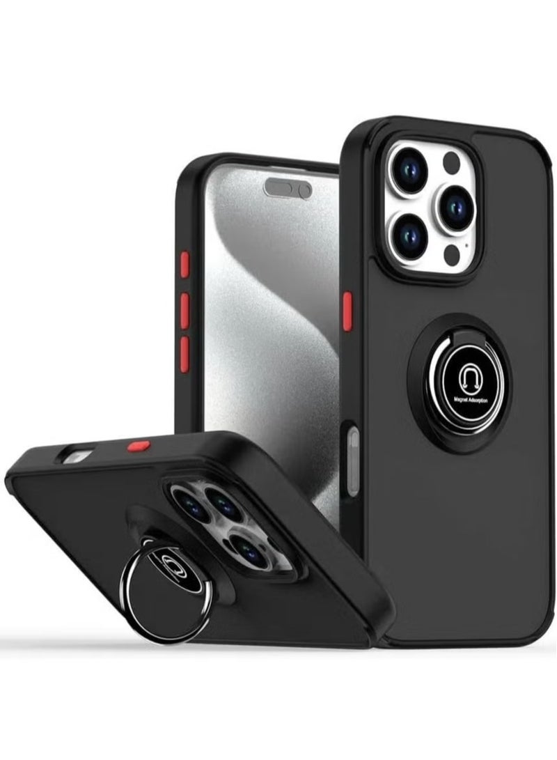 iPhone 16 Plus Case Cover – Black Matte Shockproof Bumper with Metal Ring Holder Kickstand & Car Magnetic Mount - Image 1