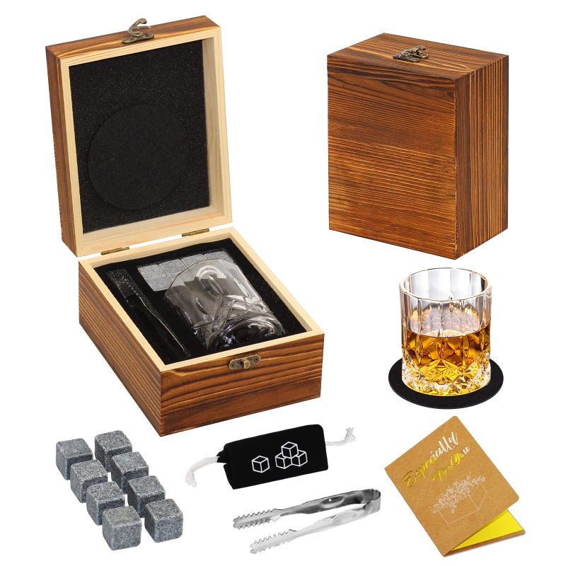 DIOXADOP Whiskey Stones and Whiskey Glass Gift Set, DIOXADOP 8 Natural Whisky Stones 1 Crystal Whisky Glasses with Blessing Card in Exquisite Wooden Box, Prepare a Gift for a Whisky Scotch Bourbon Lover - Image 1