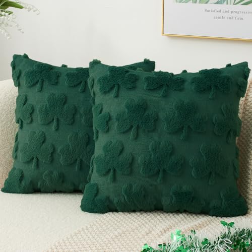 K KEVIN TEXTILE Kevin Textile St Patricks Day Pillow Covers 18 x 18 Inch Pack of 2 Soft Faux Fur Green Shamrock Decorative Lucky Clover Throw Pillowcase for Spring Home Bed Sofa Couch Dark Green - Image 1