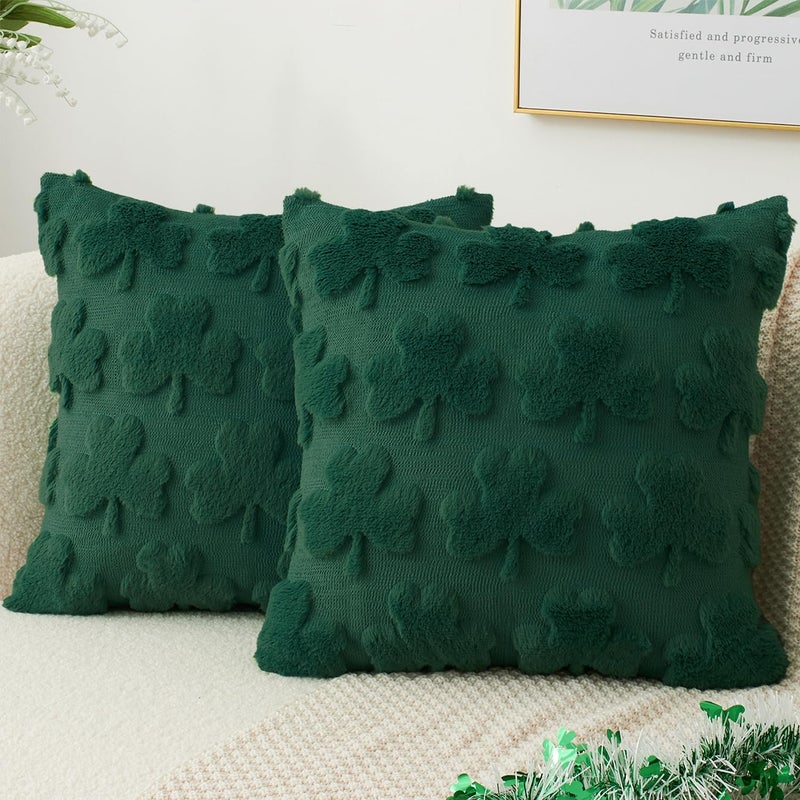 K KEVIN TEXTILE Kevin Textile St Patricks Day Pillow Covers 18 x 18 Inch Pack of 2 Soft Faux Fur Green Shamrock Decorative Lucky Clover Throw Pillowcase for Spring Home Bed Sofa Couch Dark Green - Image 2