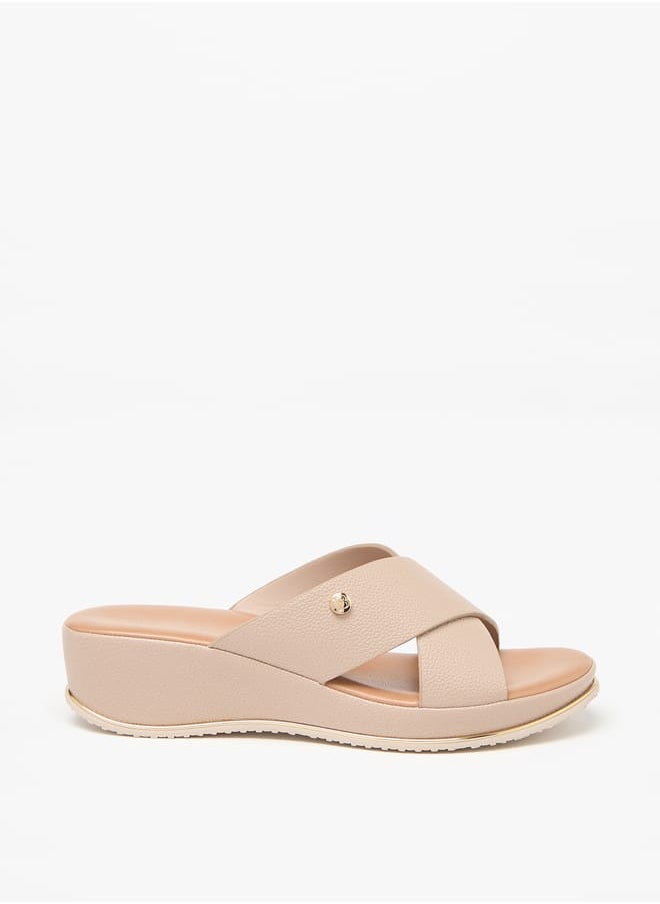 Flora Bella By Shoexpress Women Textured Cross Strap Slip-On Sandals with Wedge Heels  - Image 3