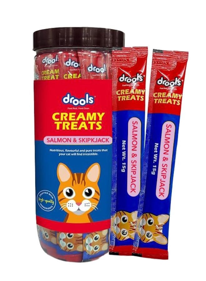 Drools علاجات القطط الكريمية القابلة للعق نكهة السلمون و سكيب جاك في جرة - Image 1
