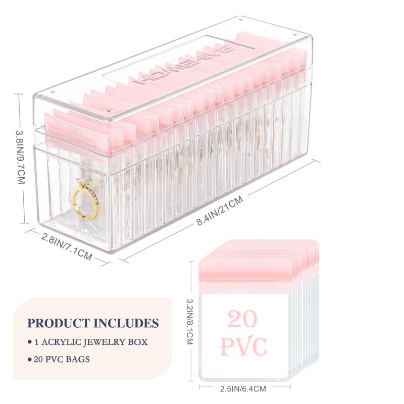 HOMEHIVE Acrylic Jewelry Box Organizer, Clear Jewelry Organizer Holder with 20 Portable Anti Tarnish Jewelry bags, Travel Jewelry Case for Earrings/Rings/Necklaces for Women Girls, Pink - Image 4