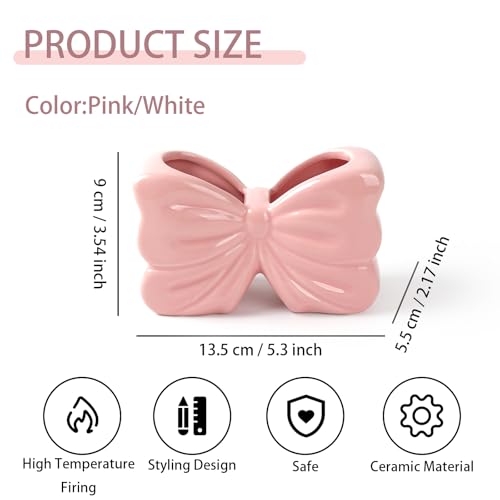 Zaposcca Bow Toothbrush Holder Pink Ceramic MultiPurpose 2Section Organizer for Bathroom Kitchen Bedroom Office Decor - Image 3