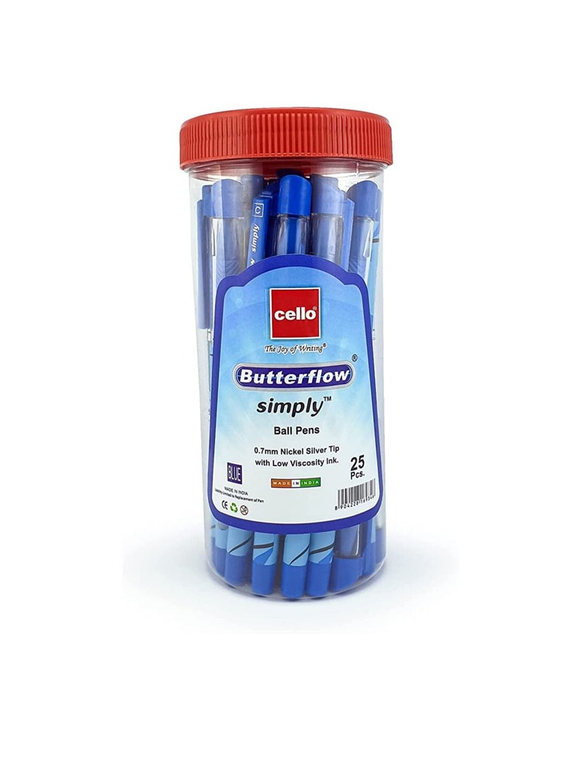 Cello Cello Butterflow Simply Ball Pen 0.7mm Jar Of 25Pc Blue, Nickel Silver Tip With Low Viscosity Ink.