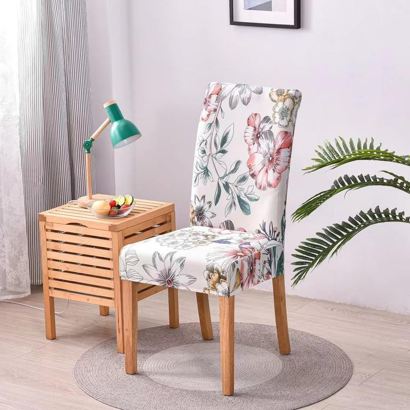 Styleys Elastic Chair Cover Stretch Removable Washable Short Dining Chair Cover Protector Seat Slipcover Set of 6 White Pink FlowerGreen Leaf SLMC301 - Image 2