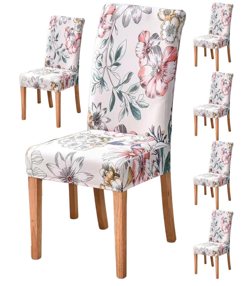 Styleys Elastic Chair Cover Stretch Removable Washable Short Dining Chair Cover Protector Seat Slipcover Set of 6 White Pink FlowerGreen Leaf SLMC301 - Image 1