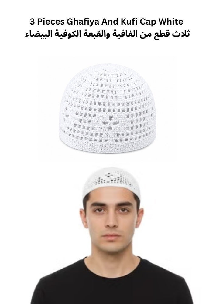 Premium 3 Pieces Casual Ghafiya And Kufi Cap White - Image 1