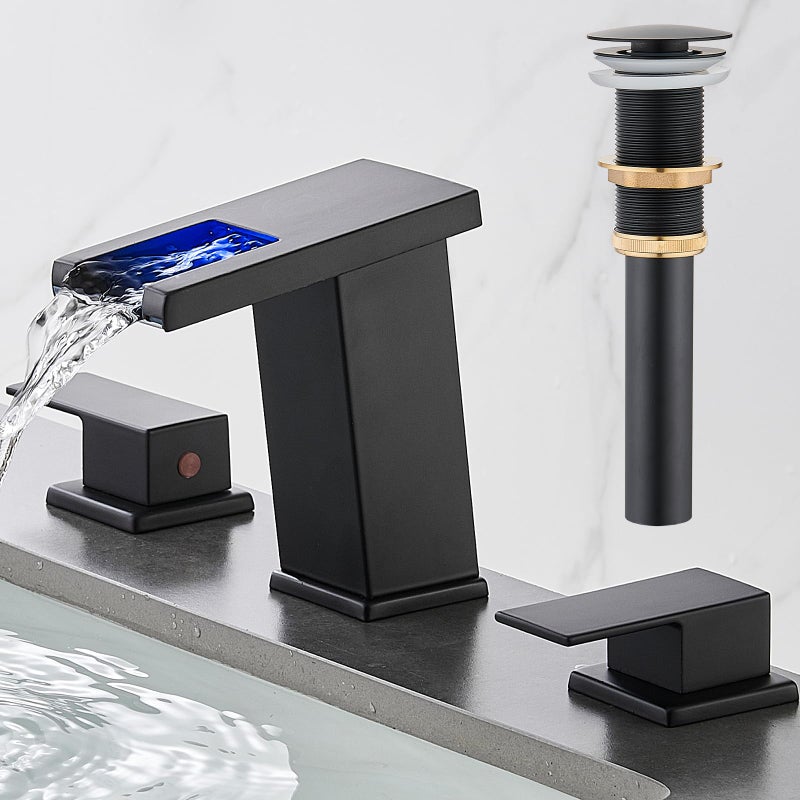 AVSIILE LED Bathroom Faucet 3 Hole, Matte Black Waterfall Bathroom Faucets, 8 Inch Widespread Modern Bathroom Sink Faucet & Parts, Wide Spread Touch On Three Hole 2 Handle Bathroom Vanity Faucet - Image 1