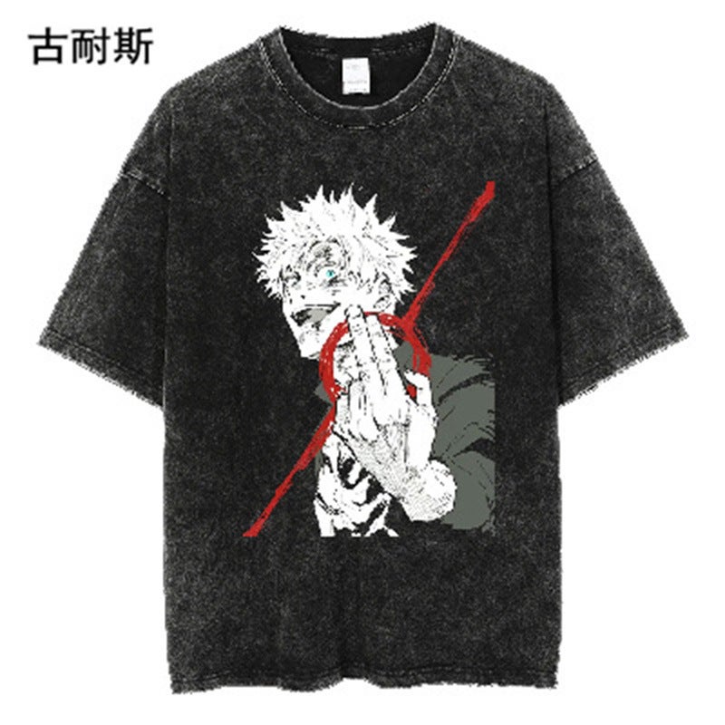 Lazada Hip-Hop Street Retro Loose Wash Water Do Old Short Sleeve T-Shirt Men Ins Tide - Image 1
