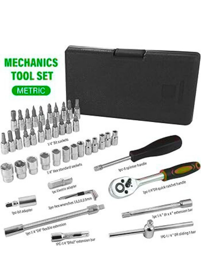 46-Piece Socket Wrench Set | 1/4“ Socket Set | Cr-V Steel Ratchet Set | Mechanic Tool Kit | Car Repair Tools - Image 3