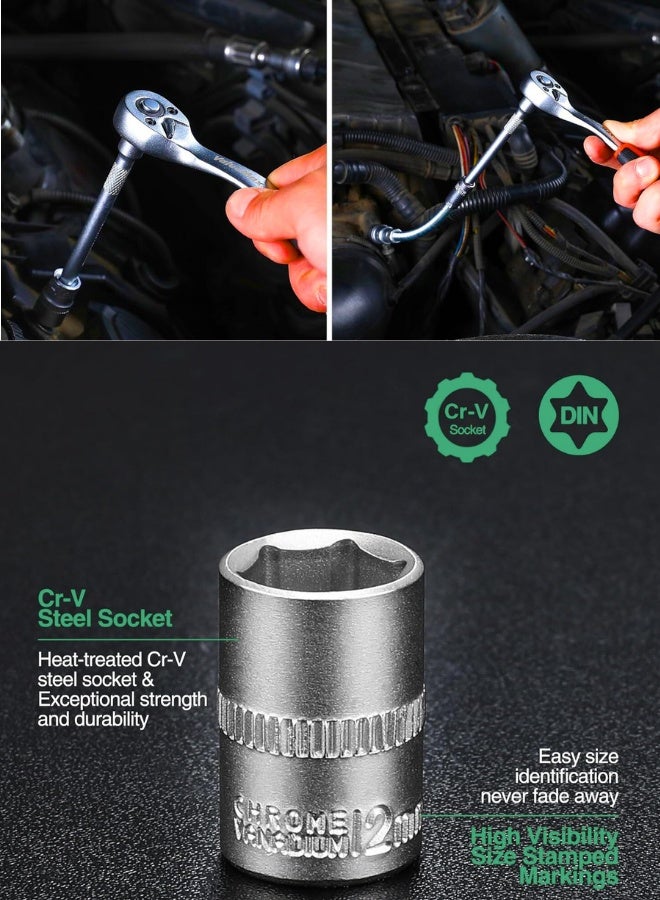 46-Piece Socket Wrench Set | 1/4“ Socket Set | Cr-V Steel Ratchet Set | Mechanic Tool Kit | Car Repair Tools - Image 2