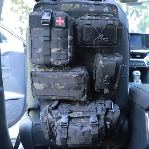 Jimikay Universal Tactical Seat ​Back Organizer Vehicle Molle Panel Organizer Storage Bag with 5 Detachable Molle Pouch for All Vehicel Such as Jeep,Truck,SUV, Car, Ford,Chevy etc (B Model-Black Camo) - Image 1