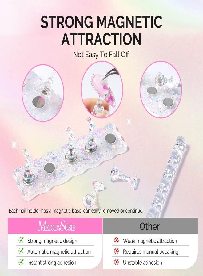 MelodySusie Nail Stand for Press Ons, White Shiny Acrylic Magnetic Base for Painting Display with Brush Holder and 100 Pcs Reusable Double-Sided Tape for Home DIY Salon Supplies - Image 3