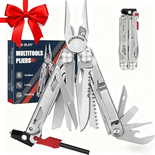 BIBURY Multitool Pliers BI2038B, 22-in-1 Stainless Steel Multi Tool with Flint, Window Breaker, Scissors, Back Clip, Folding Pocket Multifunctional Self-locking EDC Tool for Survival Camping Hiking - Image 1