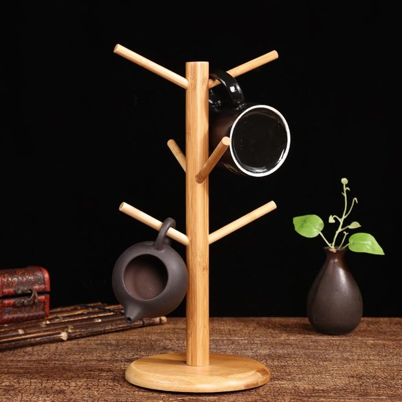 Elandy Bamboo Mug Holder Tree with 6 Hooks Coffee Tea Cup Holder Mug Hanger Coffee Bar Organizer Display Stand for Kitchen Counter Dinnerware StorageNature - Image 4