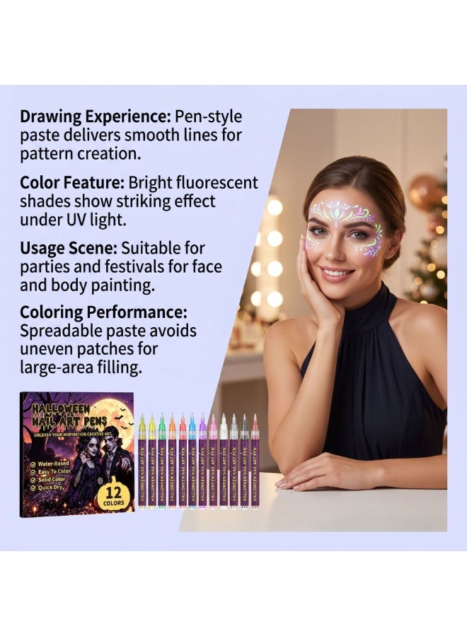 12 Colors Fluorescent Nail & Face Body Art Marker Pens, Water Based Quick Dry DIY Drawing Pens for Festival Party Decoration - Image 3