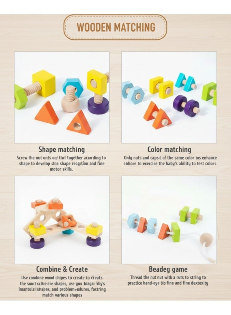 مجموعة ألعاب ألغاز تعليمية خشبية - لوحة براغي وصواميل مع مطابقة الأشكال والألوان، لعبة مكعبات التكديس، لعبة مونتيسوري تعليمية للأطفال الصغار والأطفال ومرحلة ما قبل المدرسة - Image 4