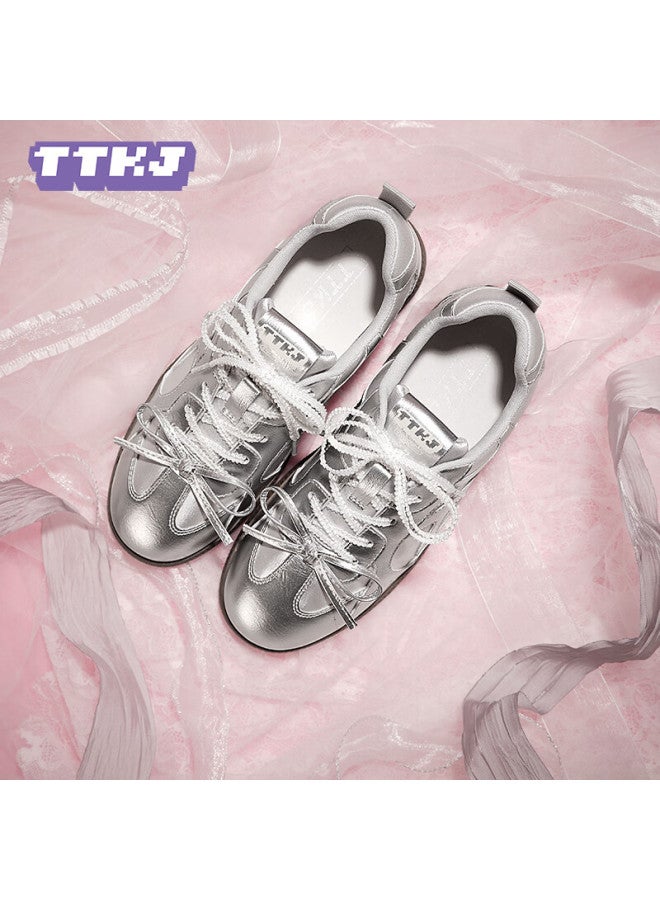 Ttkj أحذية تدريب الباليه الأنيقة للنساء مع تنورة، أحذية رياضية غير رسمية ذات حبل مزدوج، كعب منخفض، نعل ناعم، حذاء فضي - Image 4