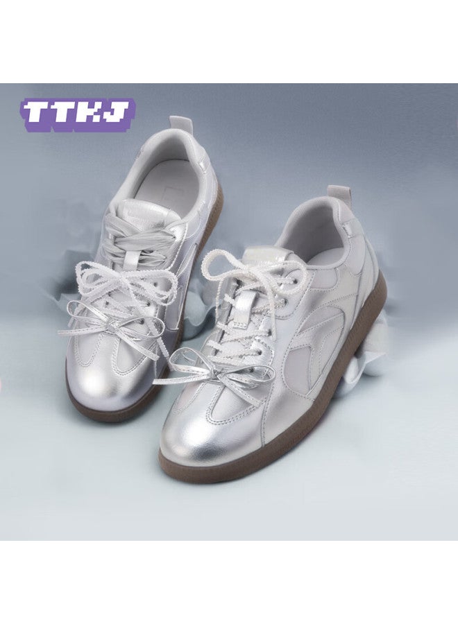 Ttkj أحذية تدريب الباليه الأنيقة للنساء مع تنورة، أحذية رياضية غير رسمية ذات حبل مزدوج، كعب منخفض، نعل ناعم، حذاء فضي - Image 5