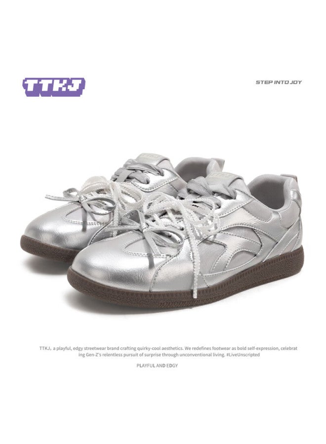 Ttkj أحذية تدريب الباليه الأنيقة للنساء مع تنورة، أحذية رياضية غير رسمية ذات حبل مزدوج، كعب منخفض، نعل ناعم، حذاء فضي - Image 2