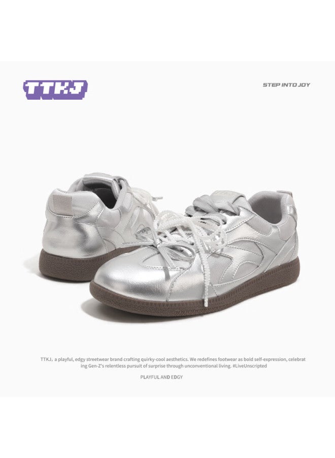 Ttkj أحذية تدريب الباليه الأنيقة للنساء مع تنورة، أحذية رياضية غير رسمية ذات حبل مزدوج، كعب منخفض، نعل ناعم، حذاء فضي - Image 3