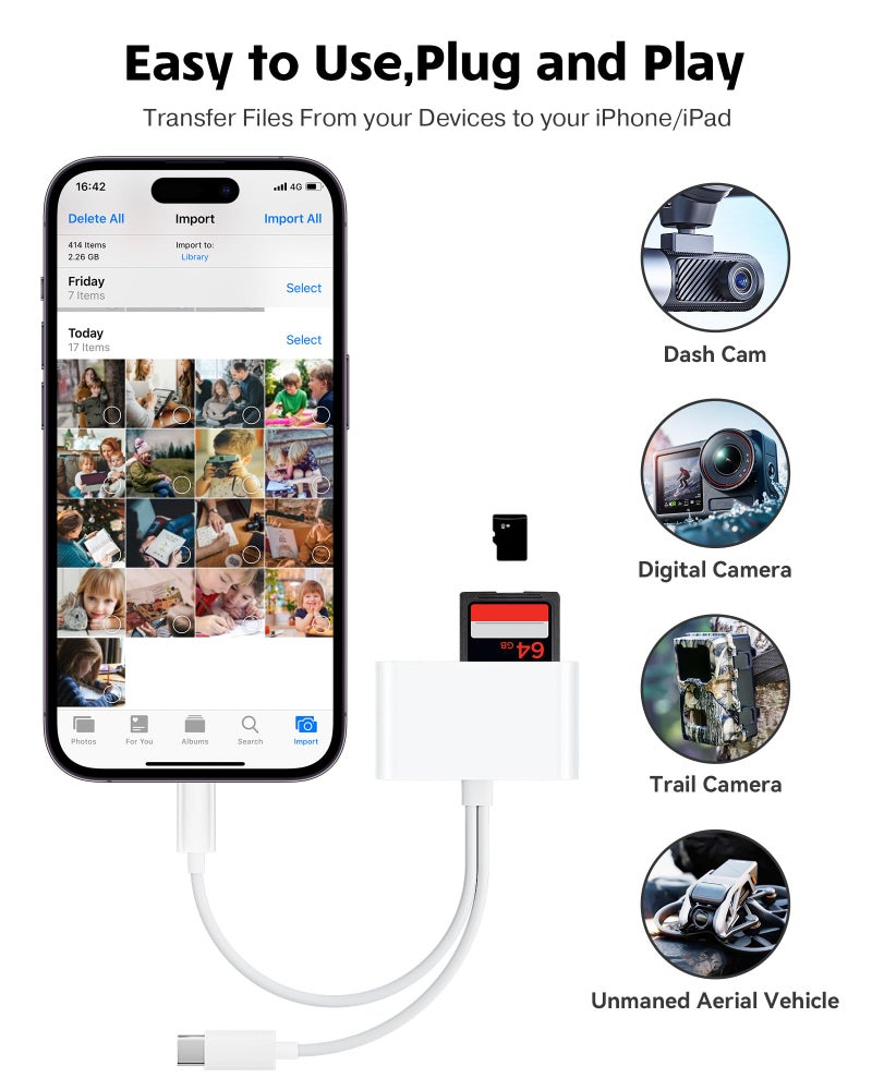 SUNTRSI SD Card Reader for iPhone iPad Camera with USB C, Dual Card Slot USB 3.0 Memory Card Reader Supports SD/TF Card Trail Camera Viewer SD Card Adapter Portable Micro SD Card Reader No App Plug and Play - Image 3