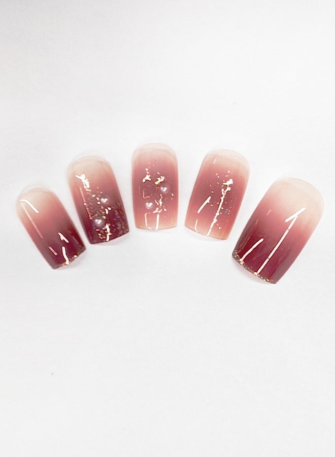 NIBEMINENT 24 قطعة أظافر صناعية، أظافر صناعية في علبة، رأس مسطح متوسط الطول، لون أحمر نبيذي متدرج، لؤلؤي، رقعة أظافر صناعية - Image 2