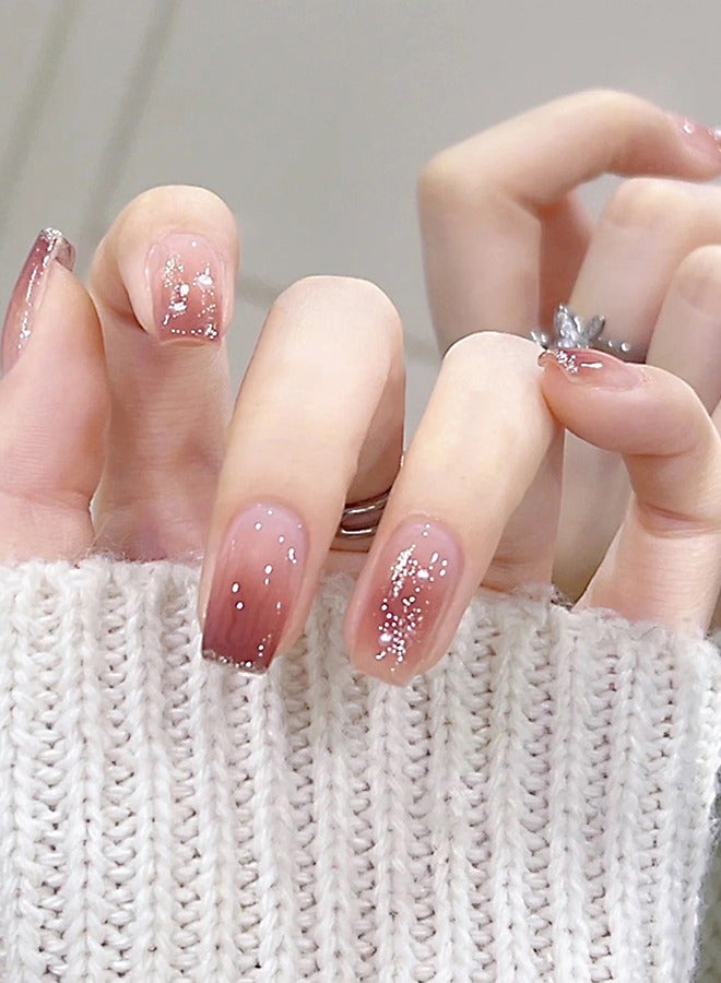 NIBEMINENT 24 قطعة أظافر صناعية، أظافر صناعية في علبة، رأس مسطح متوسط الطول، لون أحمر نبيذي متدرج، لؤلؤي، رقعة أظافر صناعية - Image 1