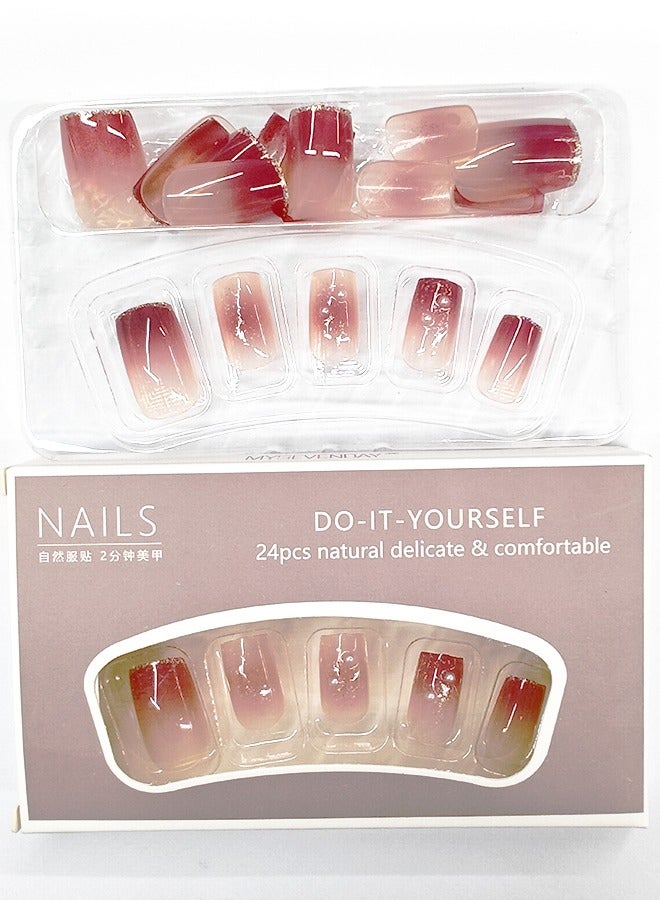 NIBEMINENT 24 قطعة أظافر صناعية، أظافر صناعية في علبة، رأس مسطح متوسط الطول، لون أحمر نبيذي متدرج، لؤلؤي، رقعة أظافر صناعية - Image 3