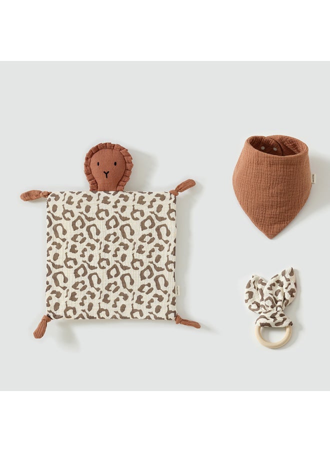 null - Pure Cotton Baby Soothing Doll Lion Design Comforter+6 Layers Triangle Scarf Wooden Ring Rabbit Three Piece Set For Infants-Color:Deep Khakchi Tiger (Three-Piece Lion) - Image 1